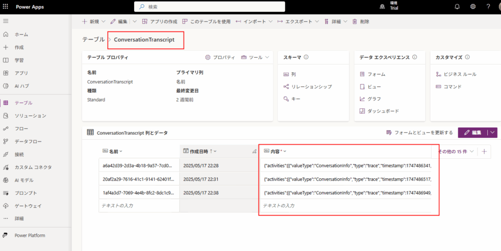 Screenshot showing the ConversationTranscript table in Dataverse